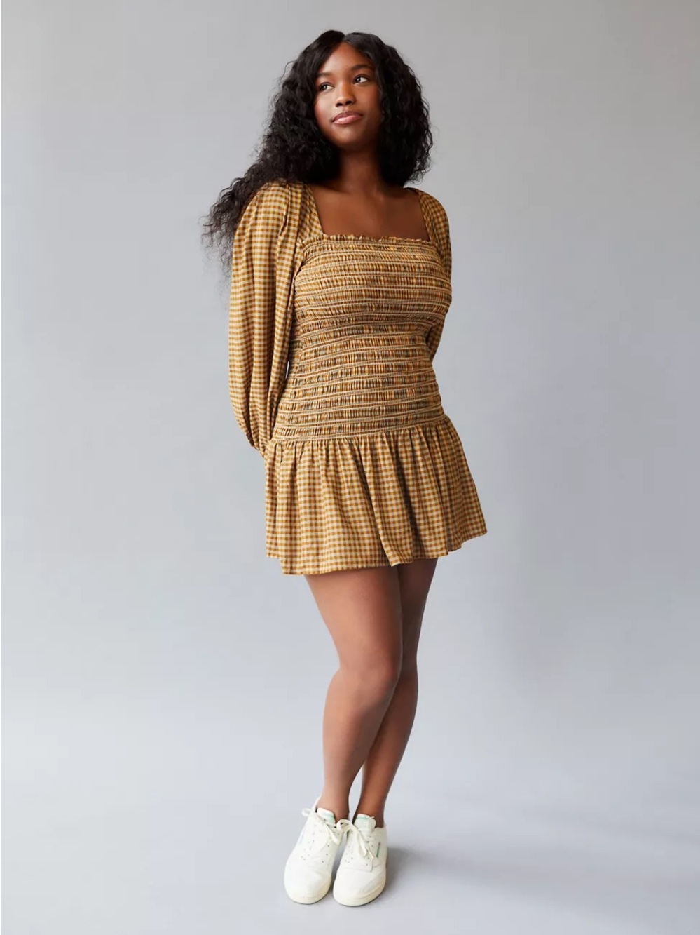 Urban Outfitters Frances Tan Micro Plaid Smocked Long Sleeve Mini Dress XS